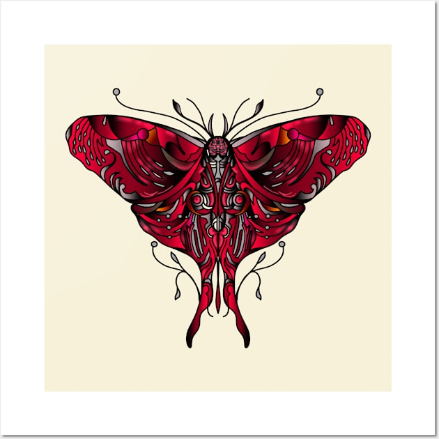 Red natura moth illustration in tattoo style shading Wall Art by jen28
